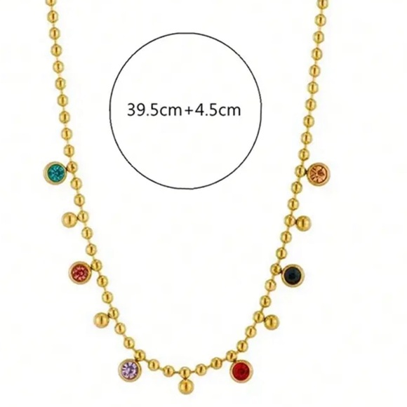 New! 18K Gold Beaded Necklace w/Multicolor Rhinestone Glass Pendants! - 16-18” - Picture 2 of 2